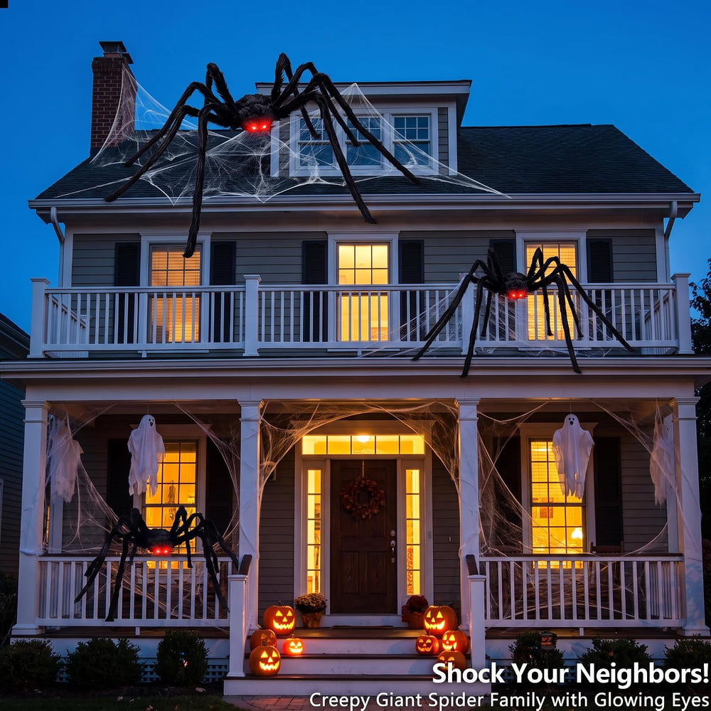 8Ft Giant Hairy Black Spider with Glowing Eyes, 3 Packs(8Ft+5Ft+3Ft) Hallowee...