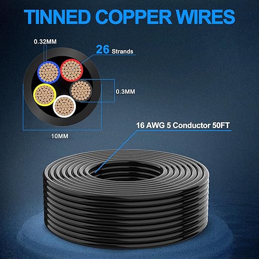 NAOEVO 16 Gauge Wire 5 Conductor Electrical Wire, 16 AWG Stranded PVC Cord
