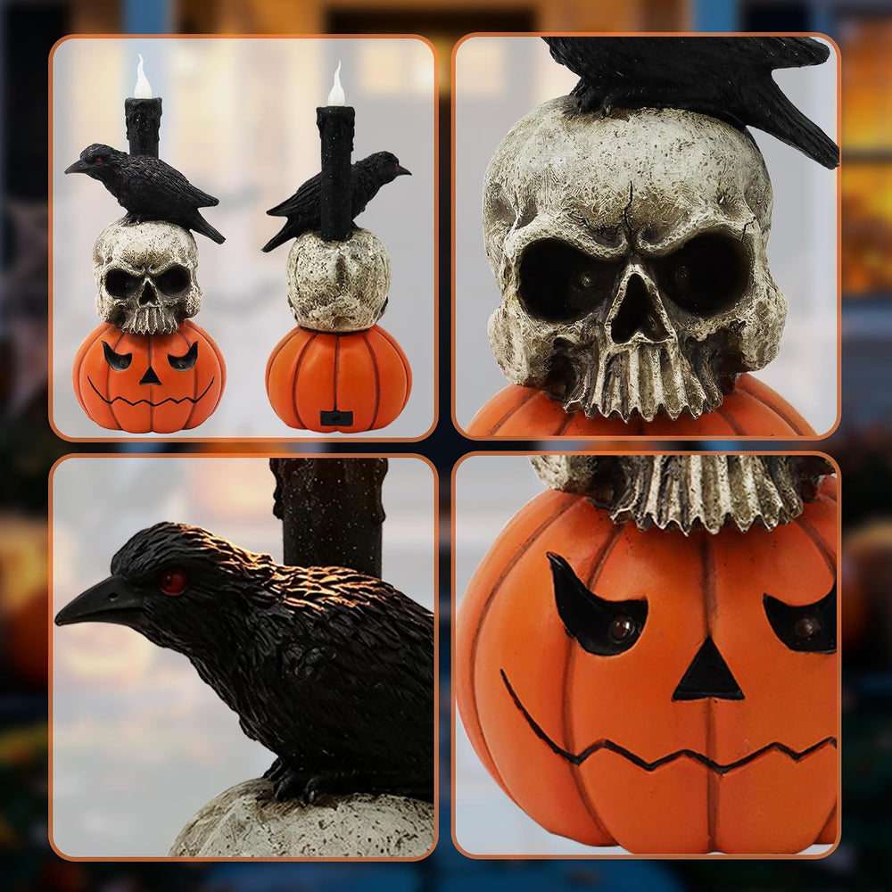 Halloween Pumpkin Skull Resin Statue 14in Gothic Crow Candle Decor