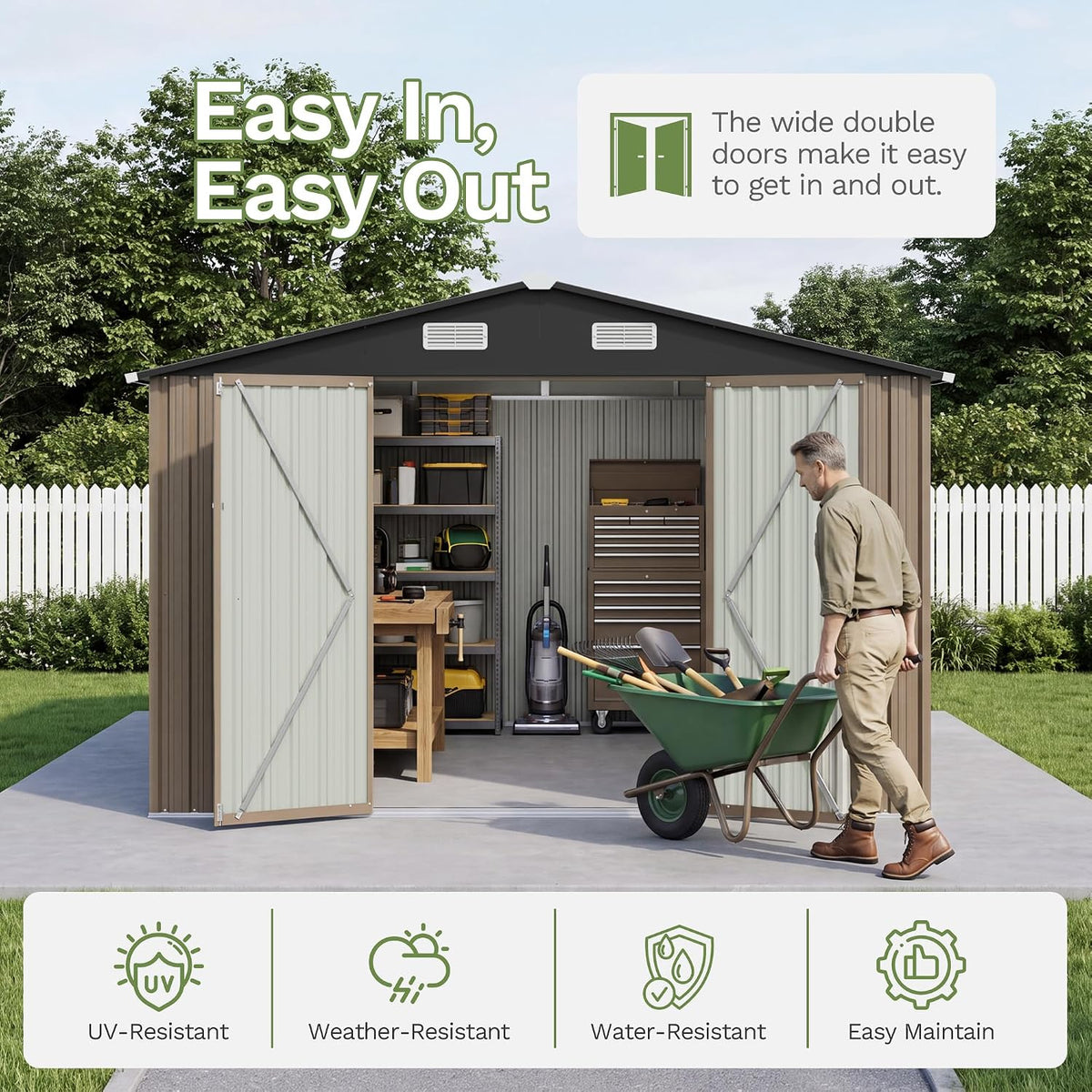 patiowell 10x10 ft storage shed, outdoor metal sheds, side view