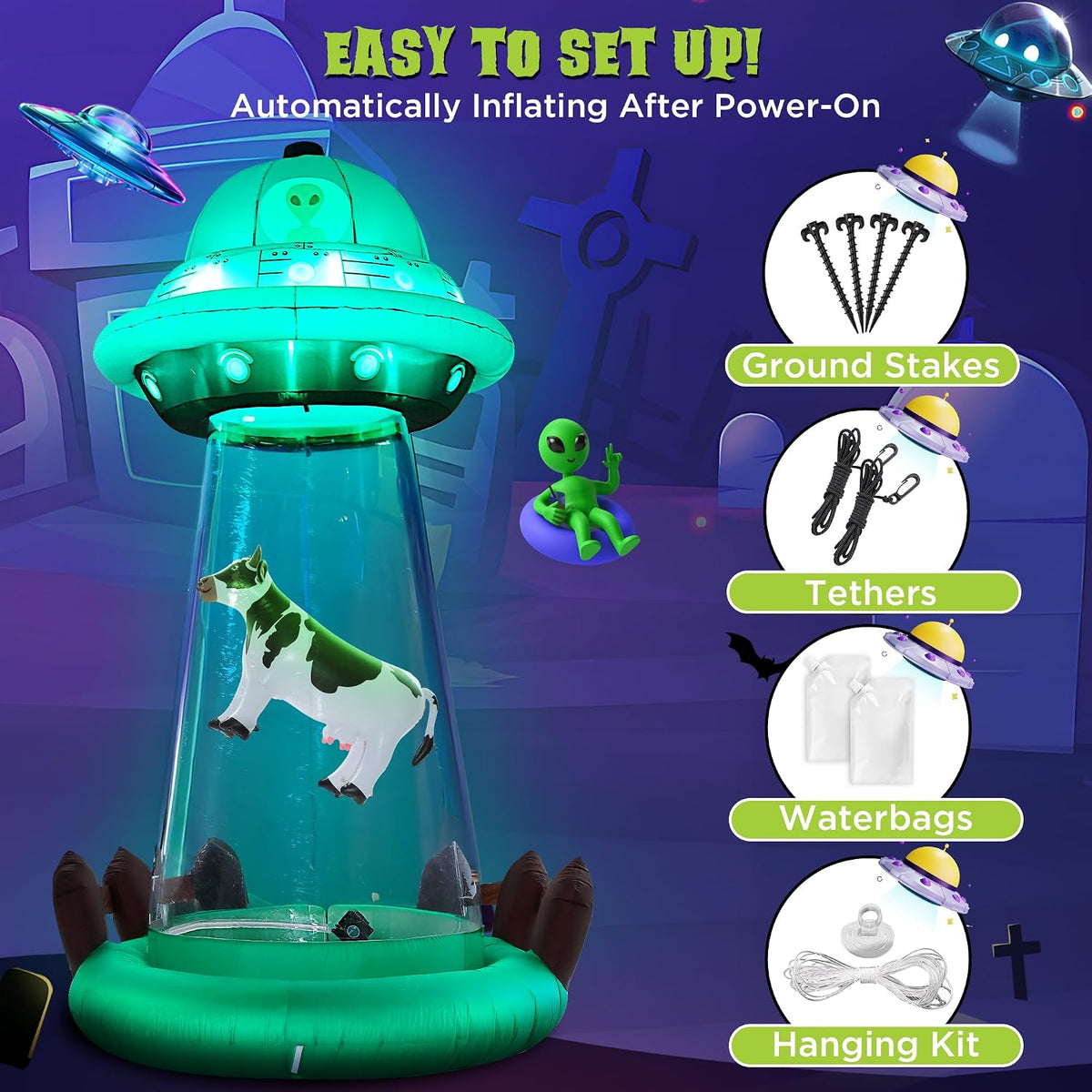 ZPISF 10 FT Halloween Inflatables UFO with Floating Cow Outdoor Decorations