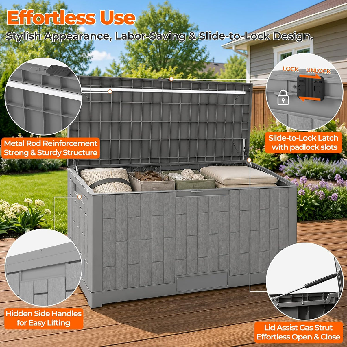 outdoor storage box, 120 gallon waterproof resin patio showing dimensions