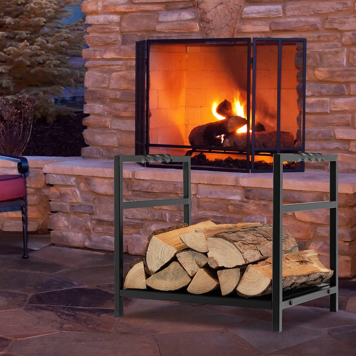 TANGZON Fireplace Log Rack, Heavy Duty Steel Firewood Rack, Indoor Outdoor Wood Stacking Storage Holder Stand (With Solid Base & Handles, 40 x 34 x 36cm)
