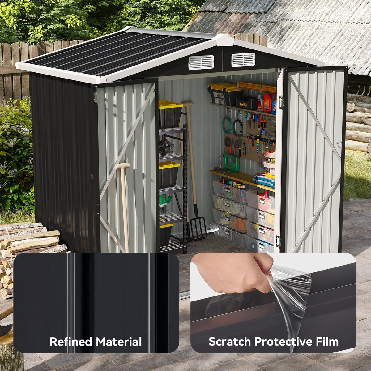 aoxun 6x4 ft shed outdoor storage shed, black, close-up detail