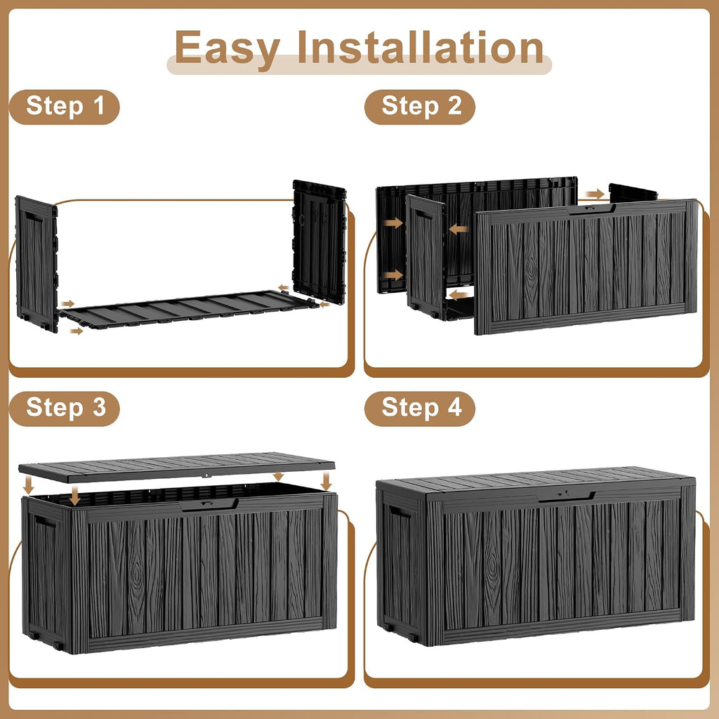 150gal outdoor storage box, waterproof lockable resin deck on a desk or shelf