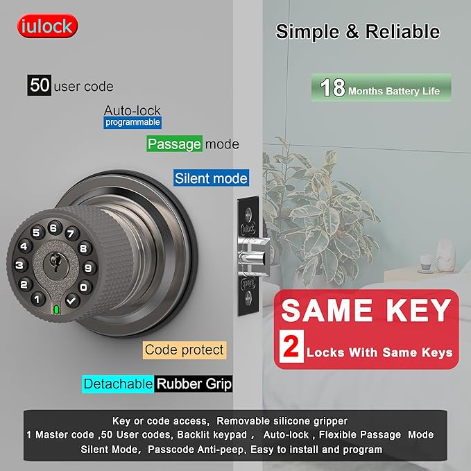 iulock Smart Door Knob with Keypad and Key, Keyless Entry Door Lock with Rubber (2 Pack)