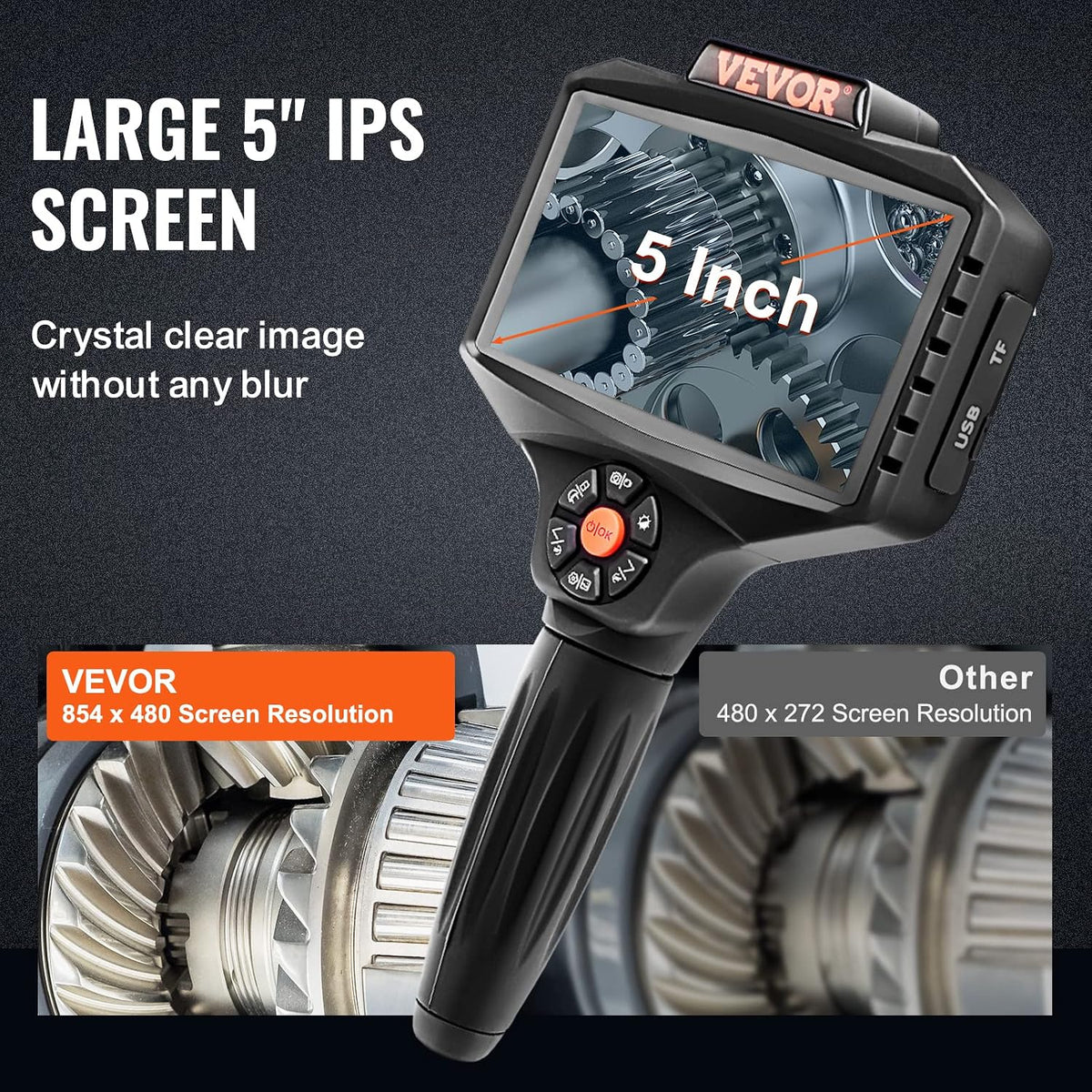 vevor triple lens inspection camera with light, 5", close-up detail