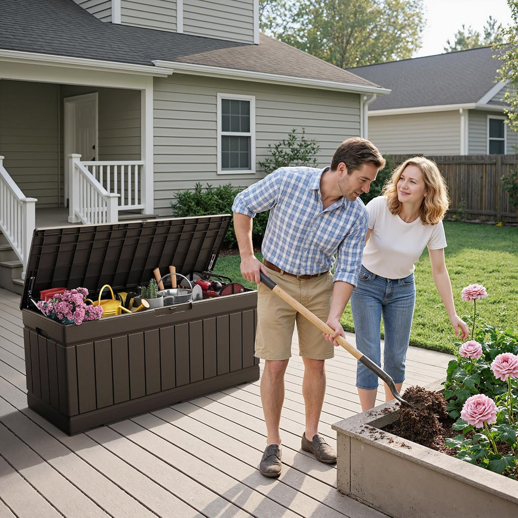 flamaker outdoor storage box 80 gallon resin waterproof shown in use