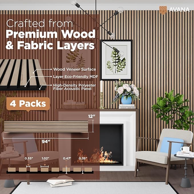 Avana Acoustic Wood Wall Panels – 94.4 X 12.6 Inch White Oak Acoustic Panels 4 (4 PCs)