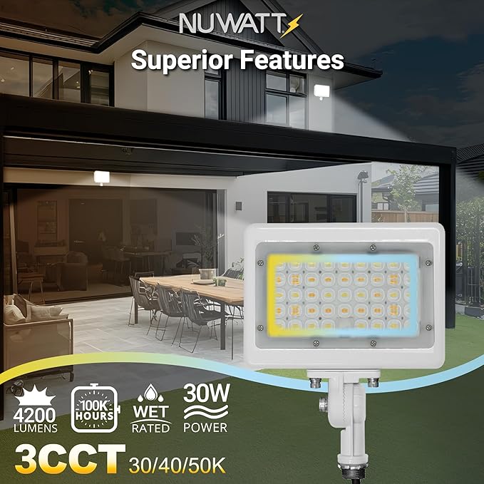 NUWATT 30W LED Flood Light, 3CCT 3000K/4000K/5000K Selectable, IP65 Waterproof