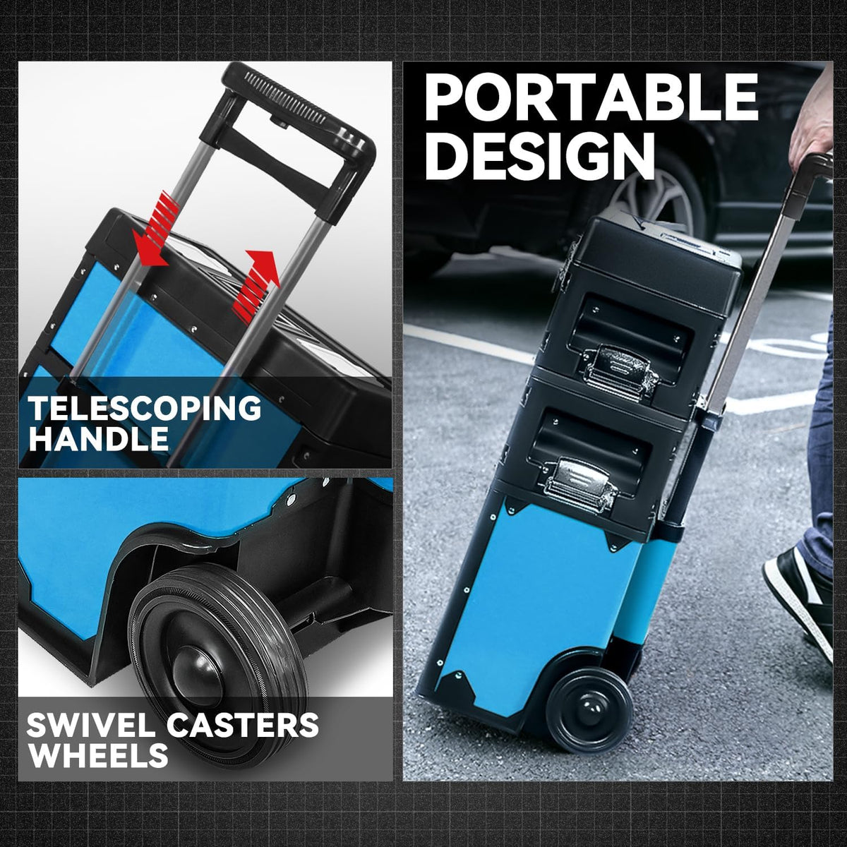 auto dynasty 3-tier rolling trolley tool box stackable, side view