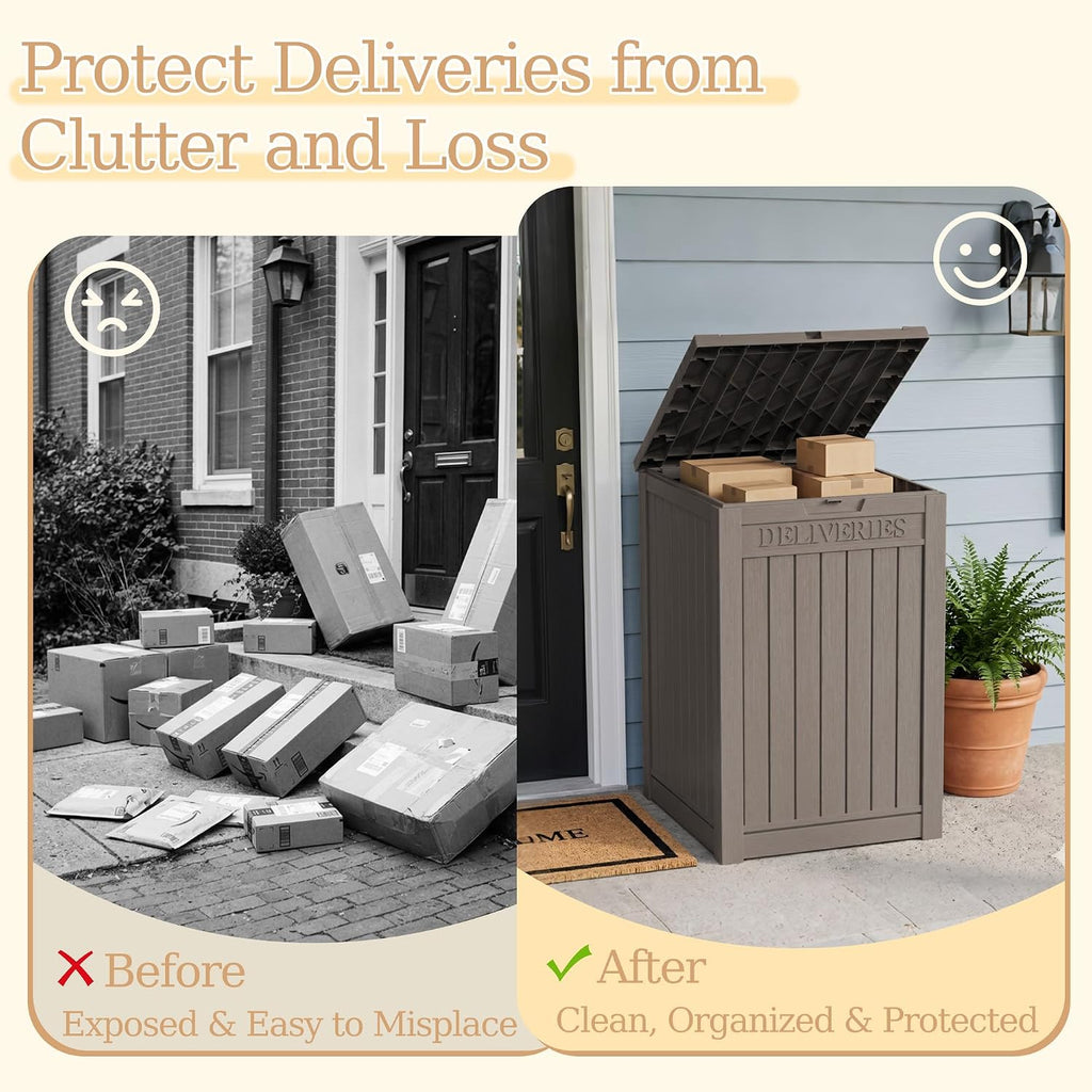 outdoor storage box, 90 gallon waterproof package delivery shown in use