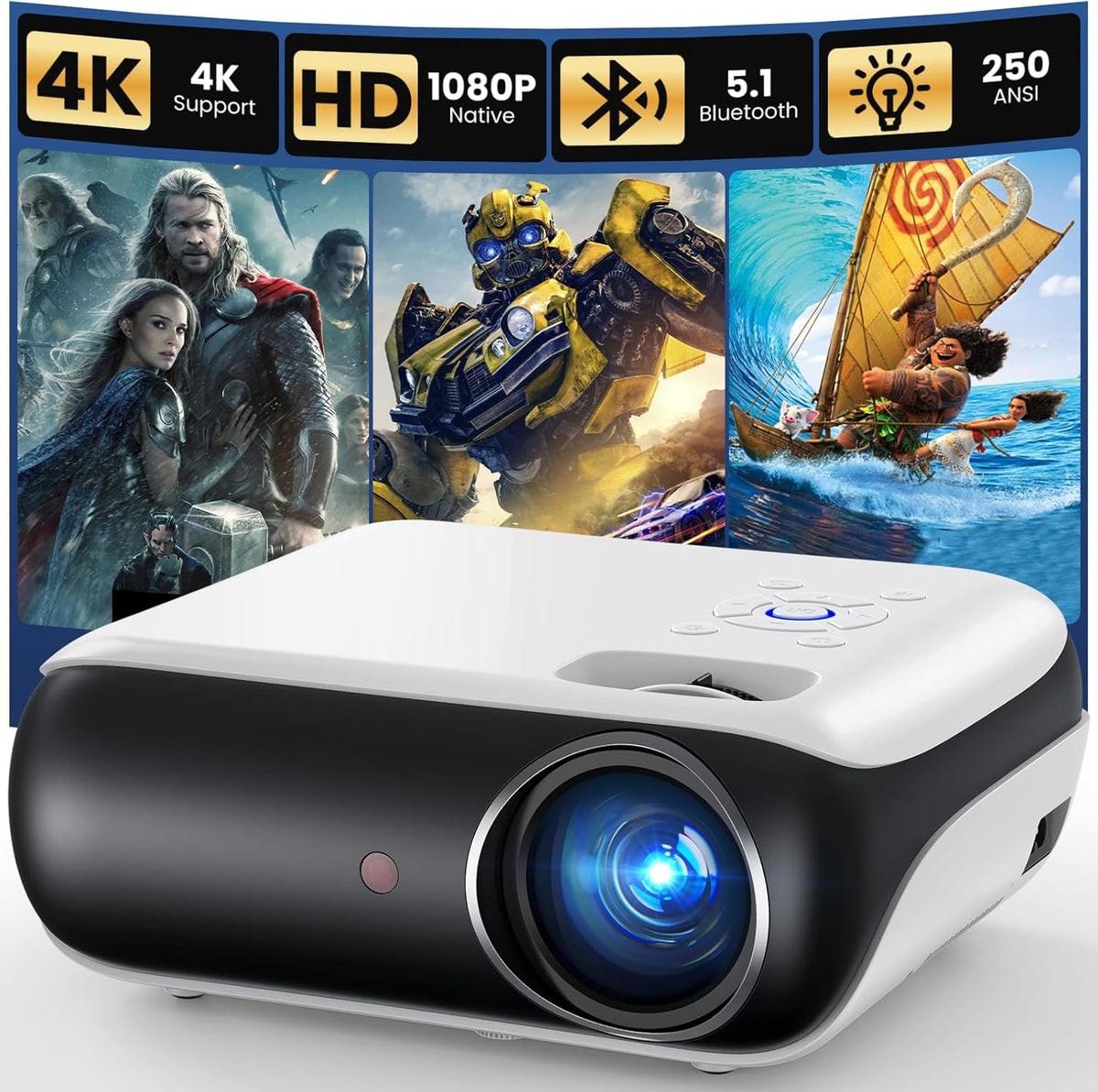 HAPPRUN Native 1080P Bluetooth Mini Projector, Full HD Portable Outdoor Movie
