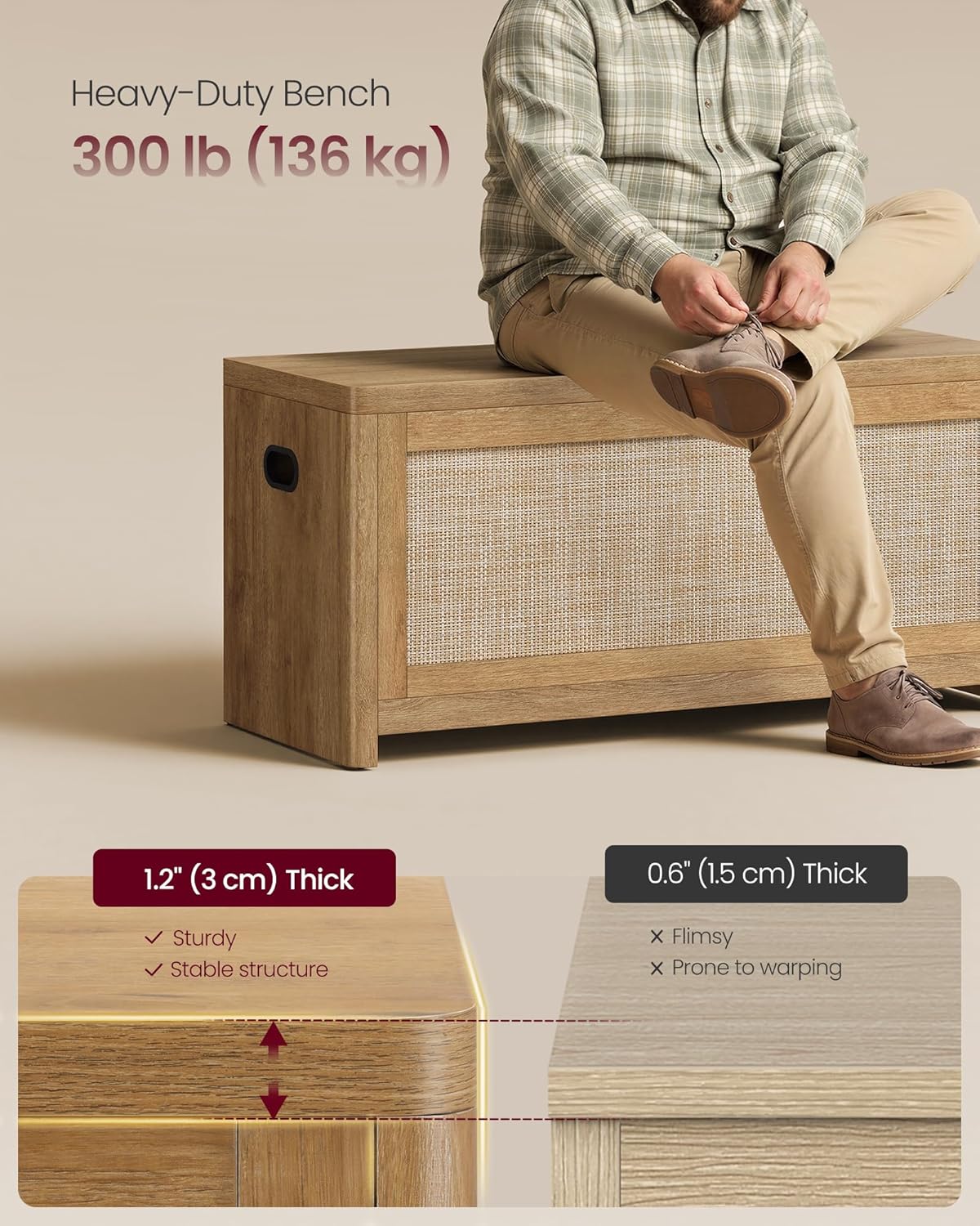 vasagle boho storage bench with rattan look, rounded on a desk or shelf