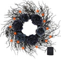 22 Inch Pre-Lit Black Twig Halloween Wreath for Front Door