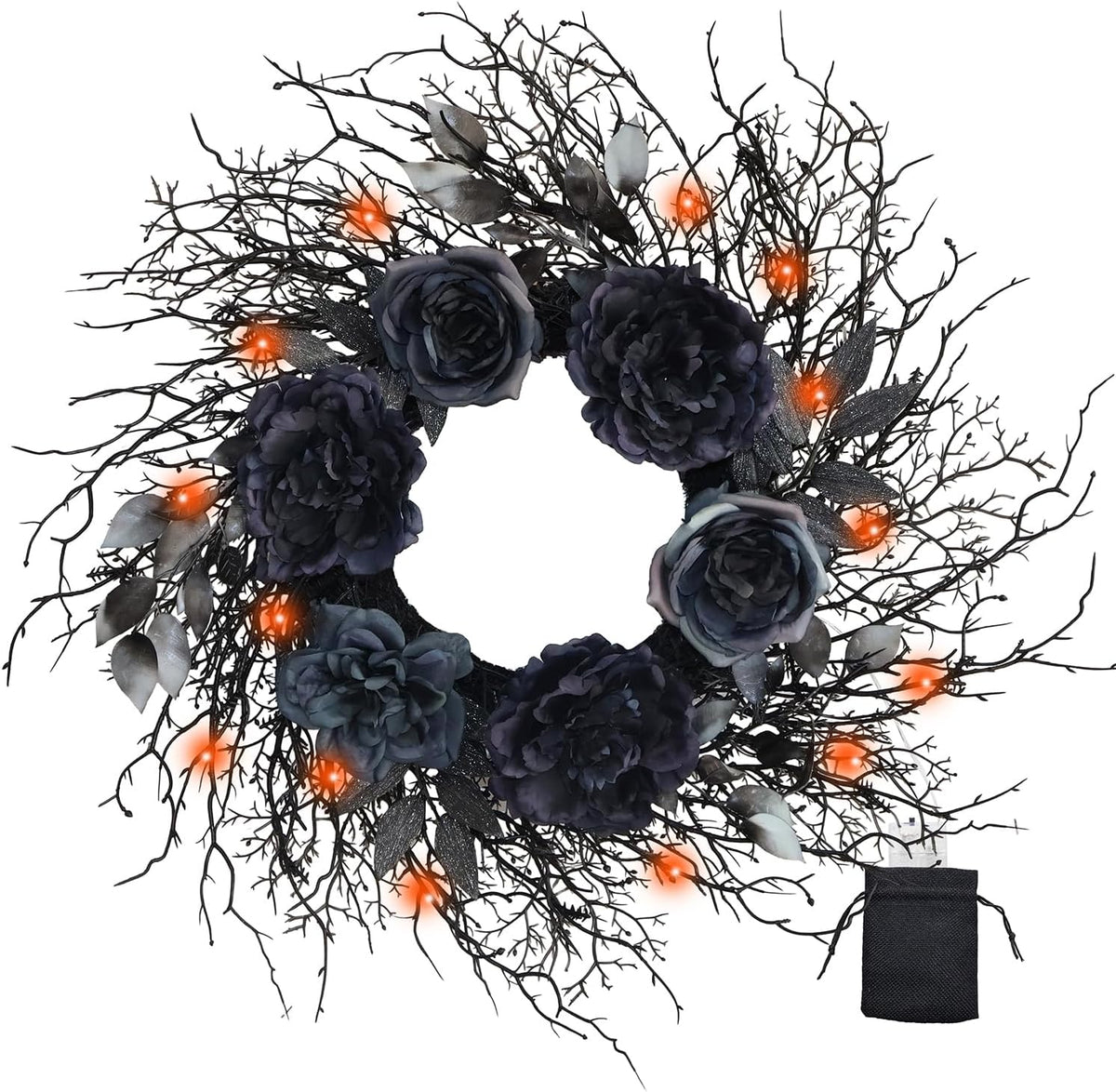 22 Inch Pre-Lit Black Twig Halloween Wreath for Front Door
