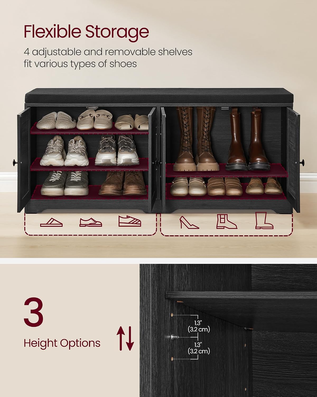 vasagle 3-tier shoe storage bench with cushion, 14, side view