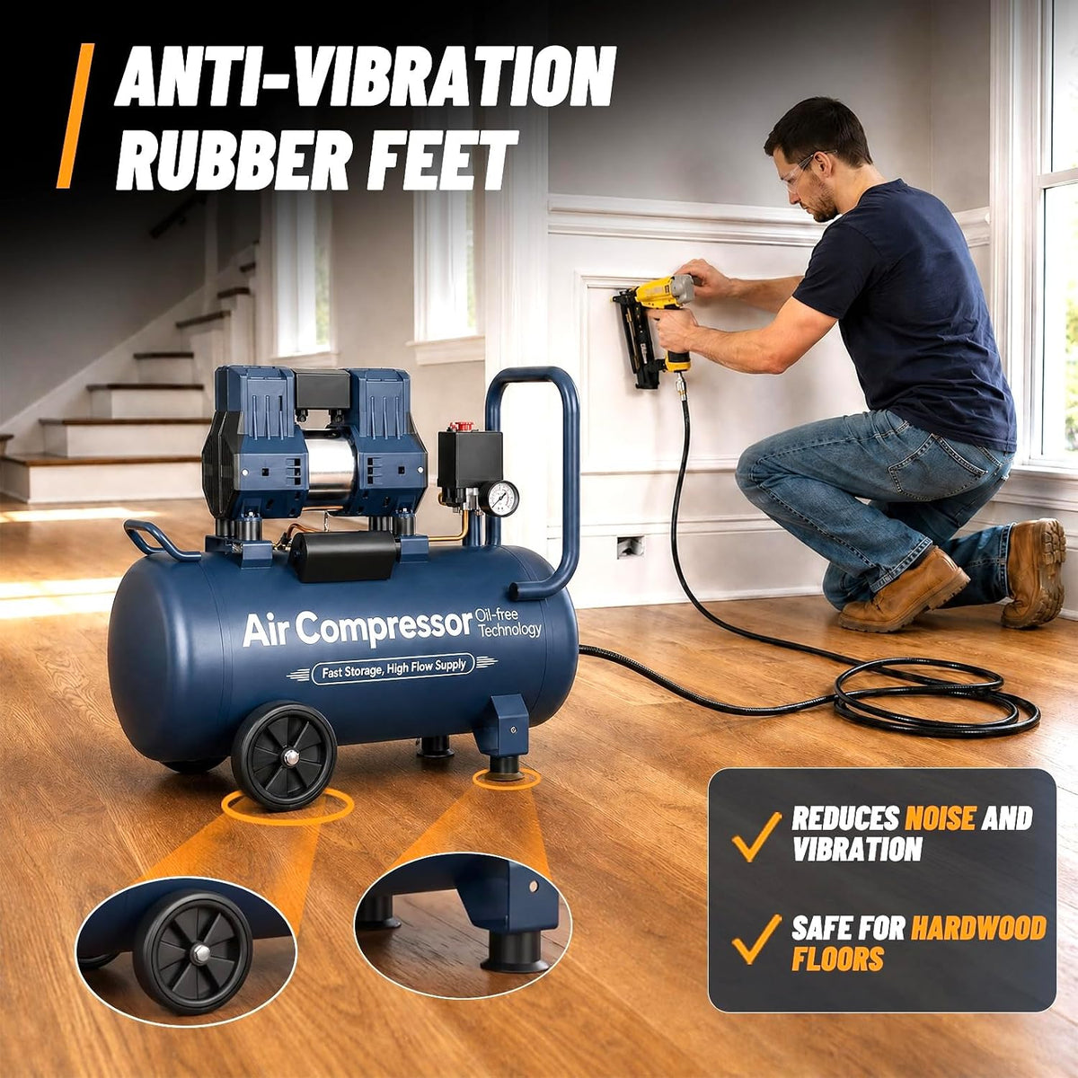 10 Gallon Quiet Oil-Free Air Compressor, Portable Air Compressor with 120 PSI Max Pressure, 5.26 CFM @ 90 PSI, Fast Recovery for Garage, Air Tools, Tire Inflation, Spray Painting & Woodworking