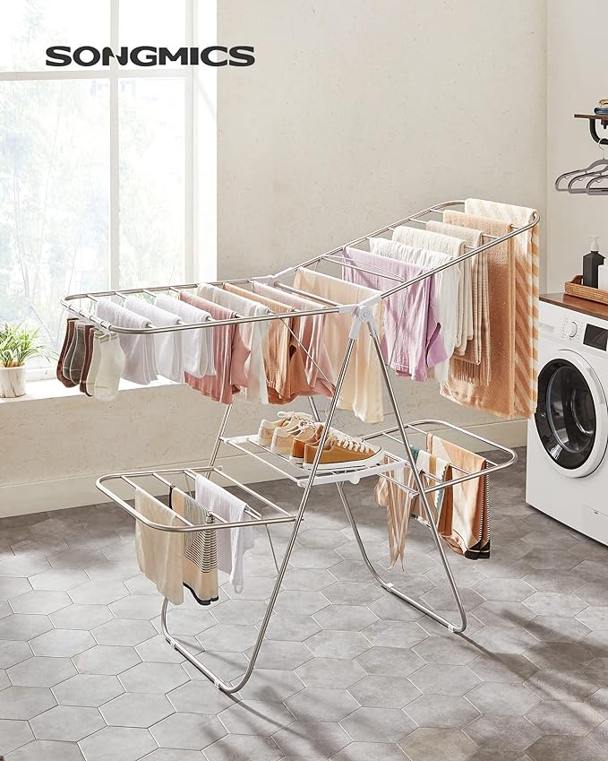 SONGMICS Clothes Drying Rack, Foldable 2-Level Laundry Drying Rack,