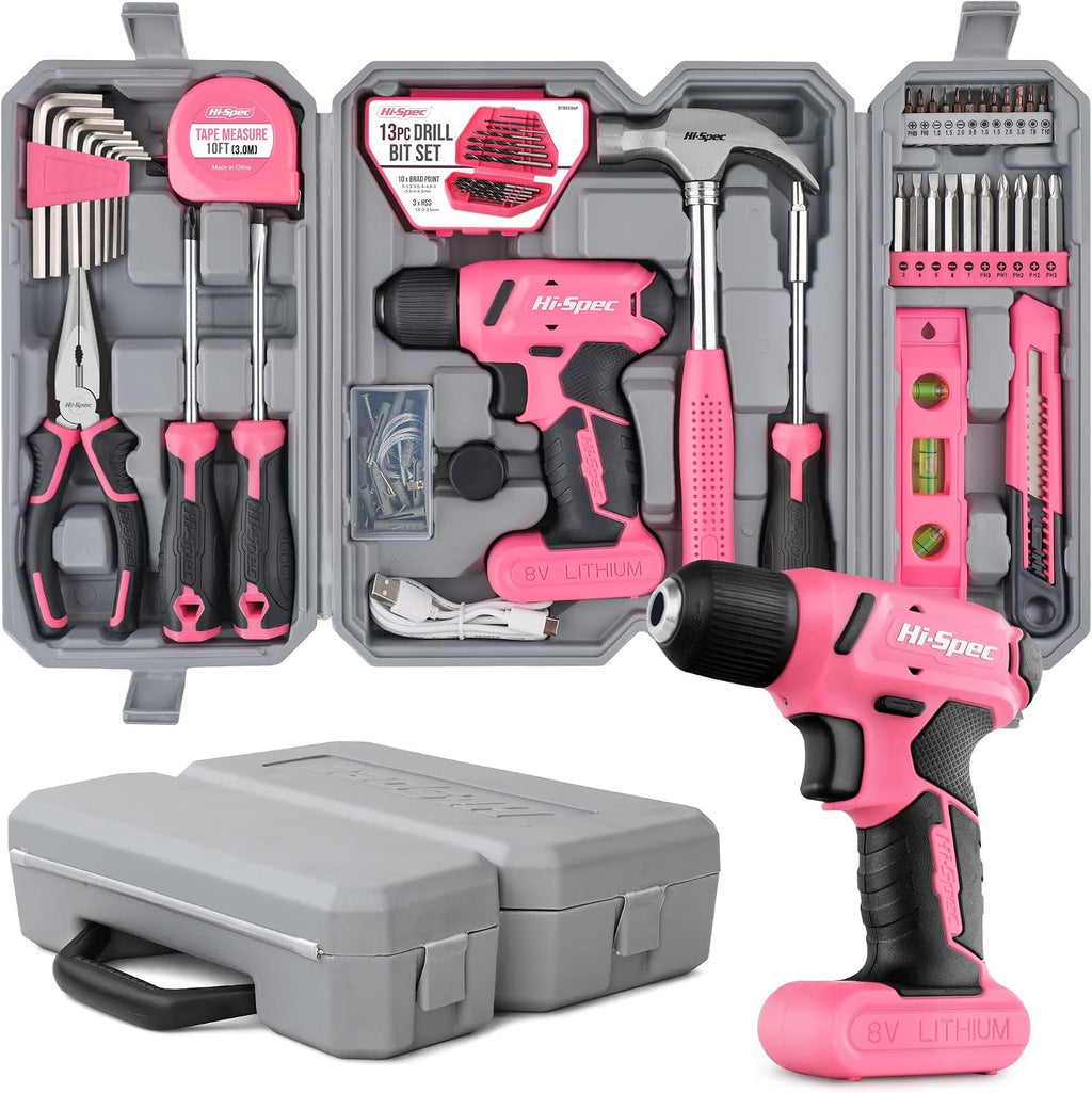 Hi-Spec 58pc Pink 8V USB Electric Power Cordless Drill Driver and Womens Ladies