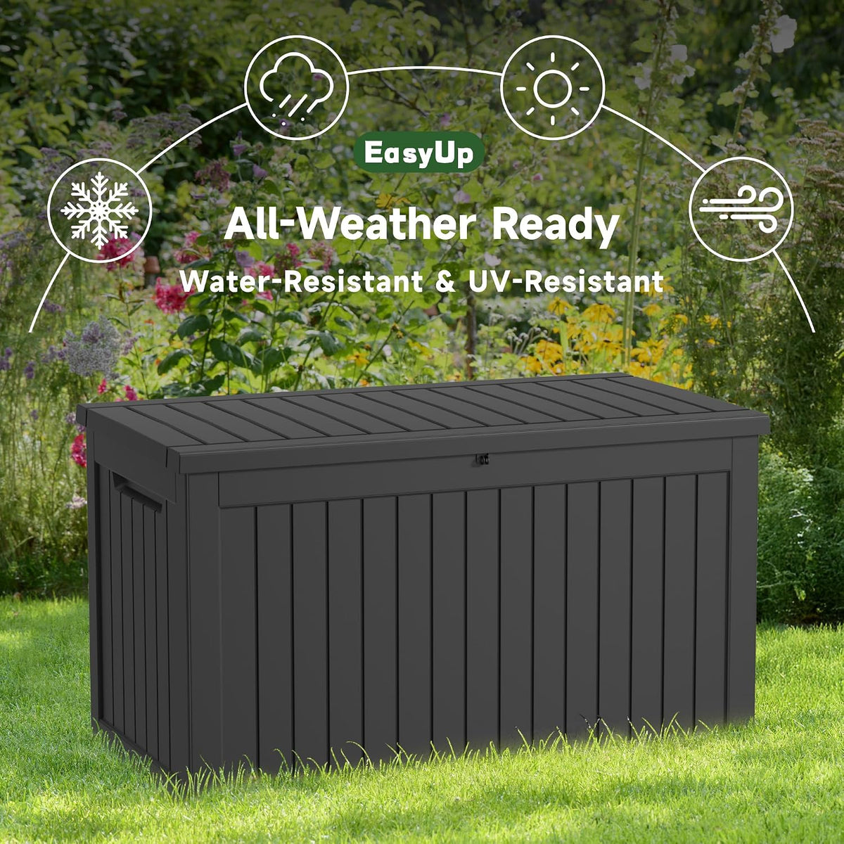 easyup 280 gal waterproof deck box outdoor storage showing dimensions