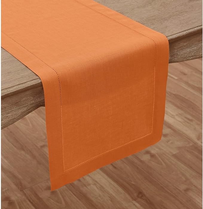 Solino Home Linen Pumpkin Hemstitch Table Runner 60 Inches - 100% Pure Linen Small Table Runner 14 x 60 Inch Ideal for Dresser and Coffee Tables - Classic Hemstitch - Fall, Halloween, Thanksgiving