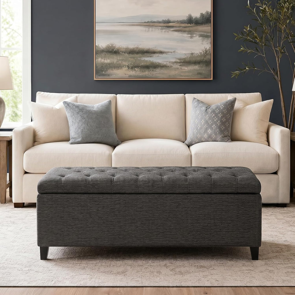 madison park 49" upholstered storage bench, button tufted shown in use