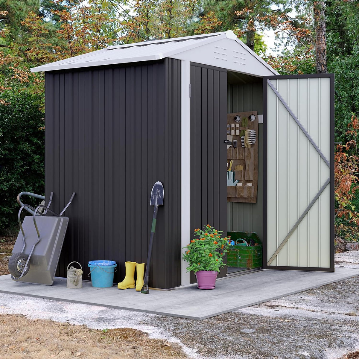 flamaker 6x4 ft storage shed waterproof metal garden shown in use