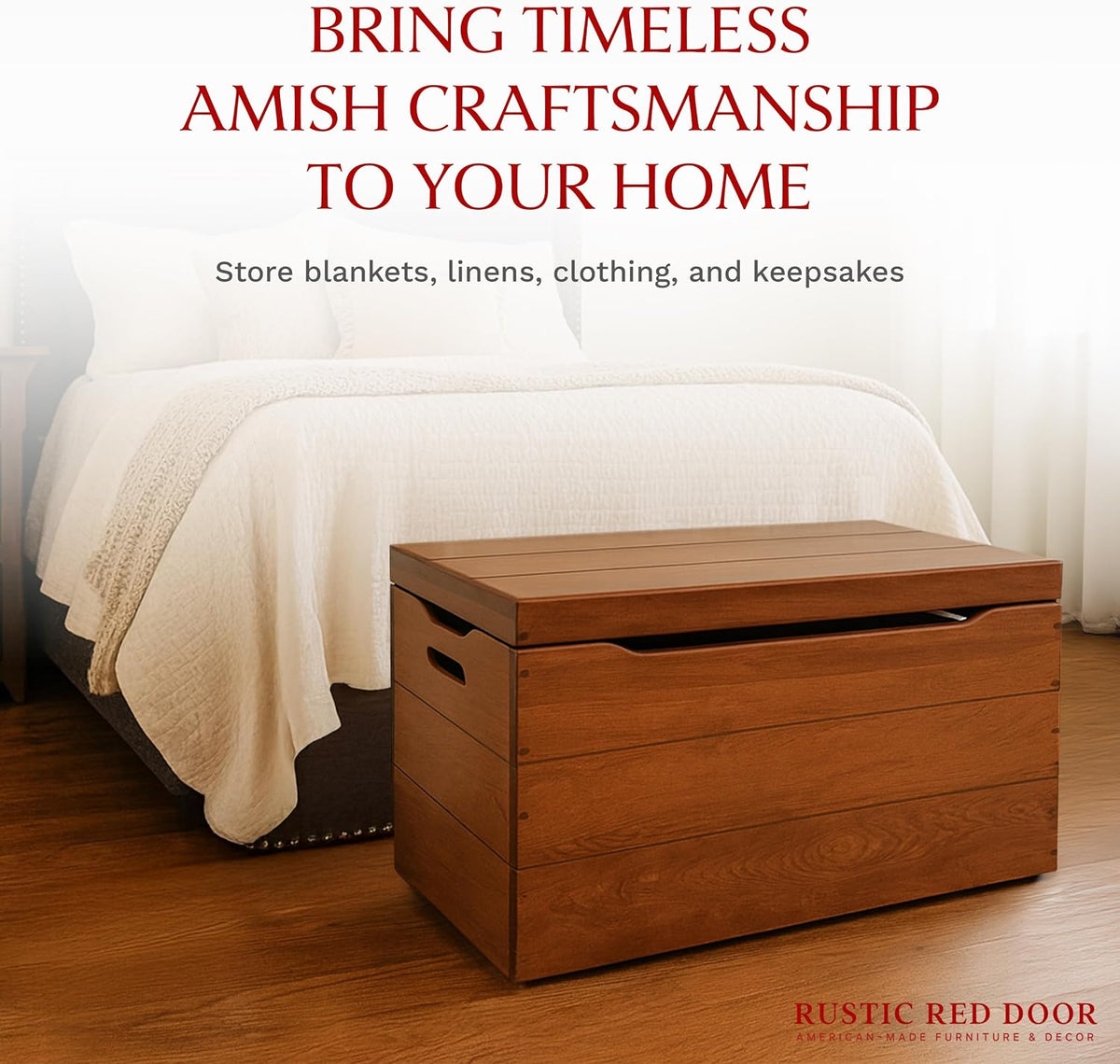 Amish Made Wooden Storage Chest Trunk Box with Lid and Handles for Bedroom, Blanket, Clothes, Anti-Slam Hinges, Handmade, Rustic, Cherry Wood, Cherry Stain, 42"