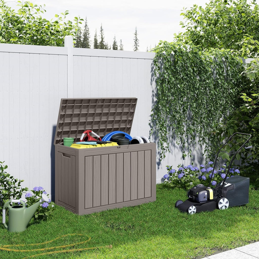 drato 50 gallon resin outdoor storage box with shown in use