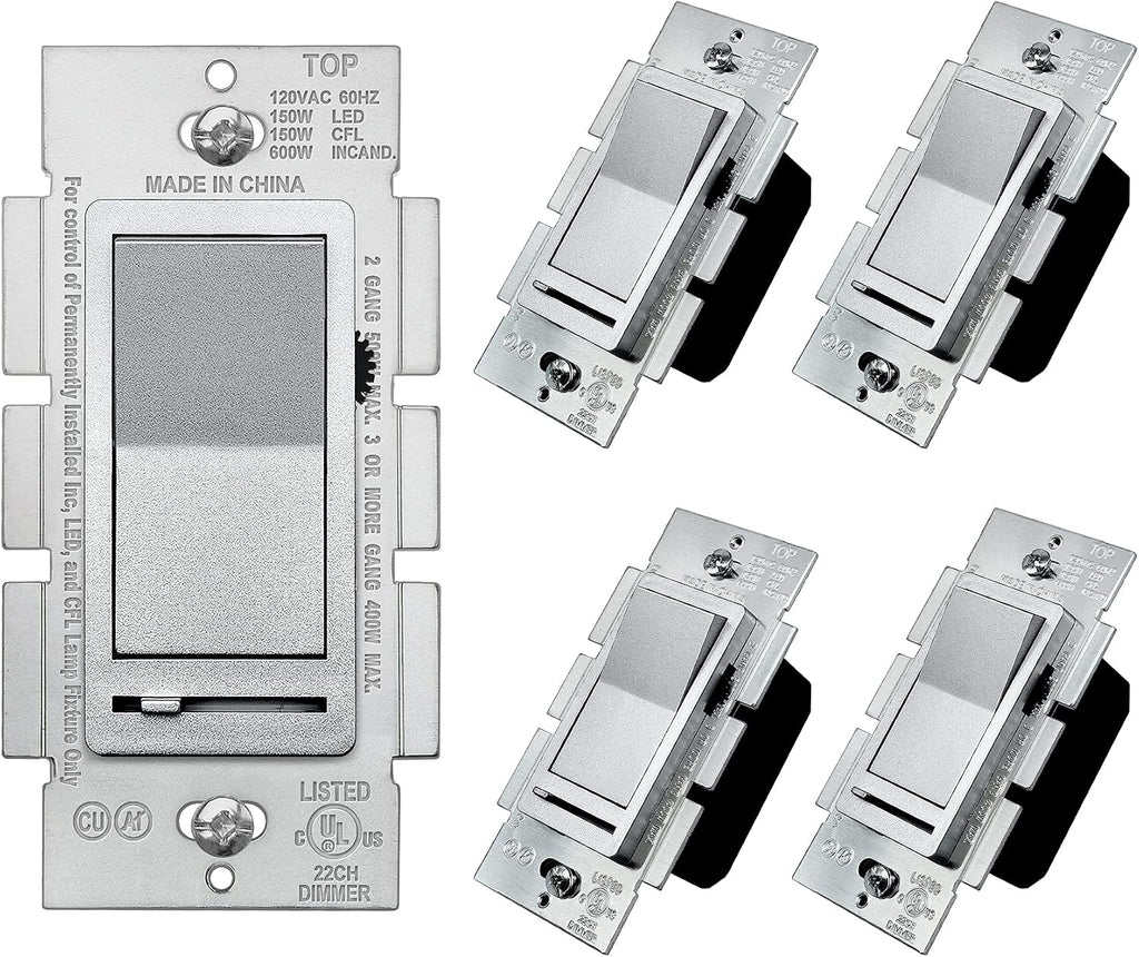 BESTTEN 5 Pack Matte Silver Dimmer Light Switch, Single Pole or 3-Way,