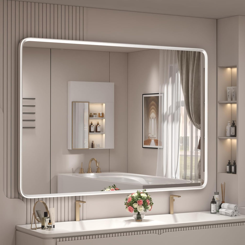 44x30 Inch Silver Framed Mirror, Brushed Nickel, Rounded Rectangle Mirror