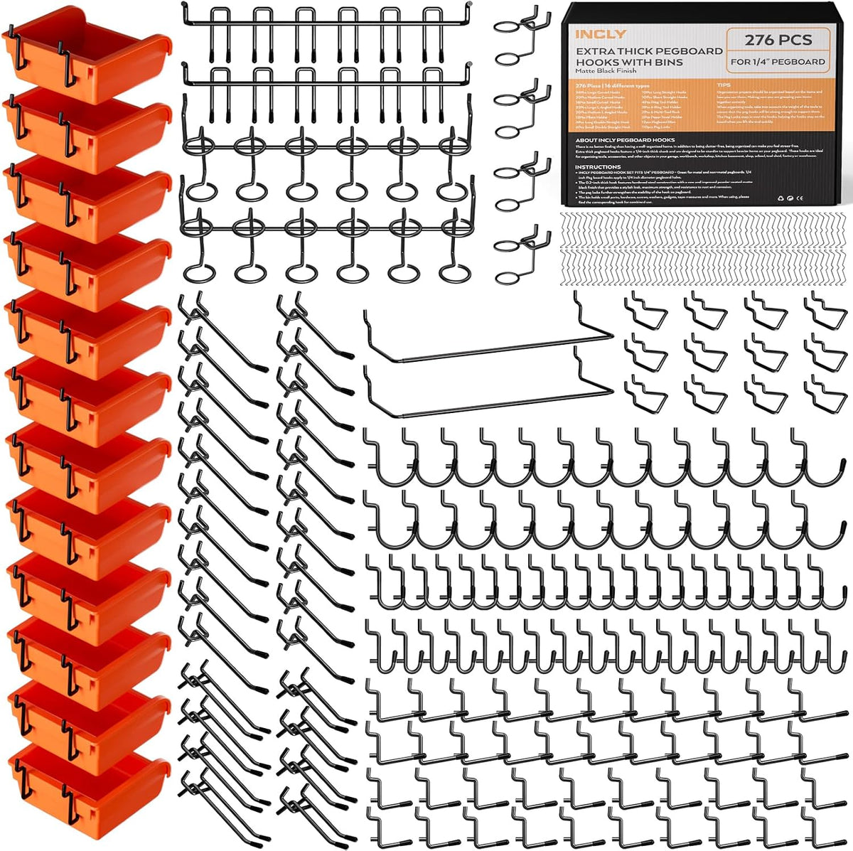 INCLY 276PCS Extra Thick 1/4" Pegboard Accessories Organizer Kit, Heavy Duty