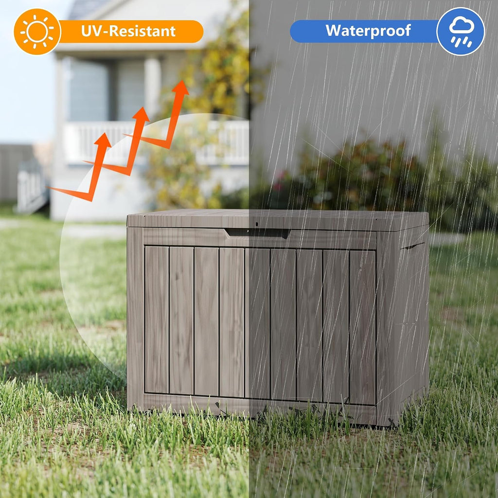 outdoor storage box, 50 gallon waterproof deck box showing dimensions