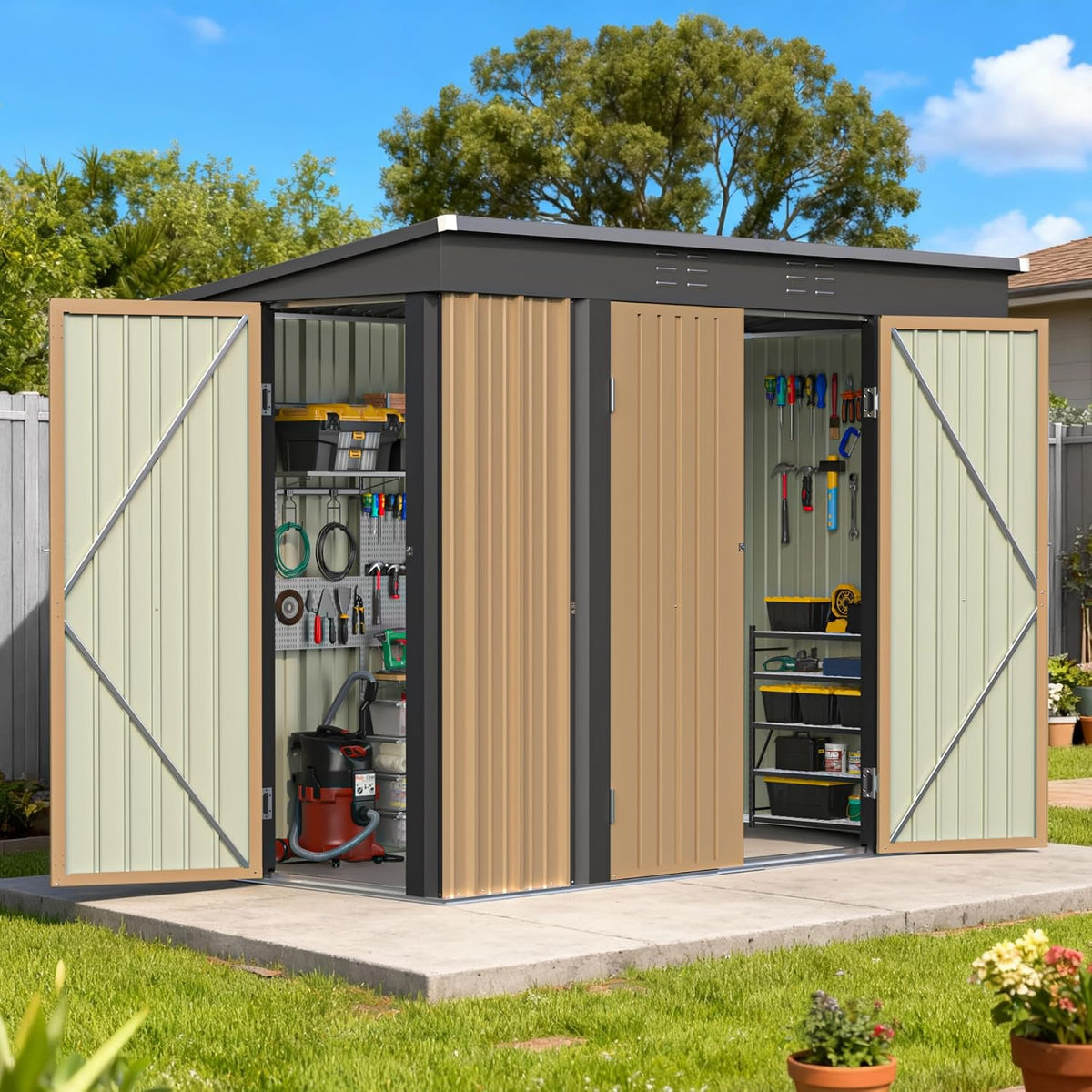 Patiowell 8x4 FT Storage Shed, Metal Tool Sheds with 3 Doors for Garden, Backyard, Patio, Utility, and Bike Storage, Brown