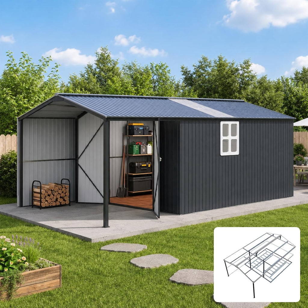 K Knowbody 10x15.5 FT Metal Storage Shed with Canopy，20-Gauge Frame