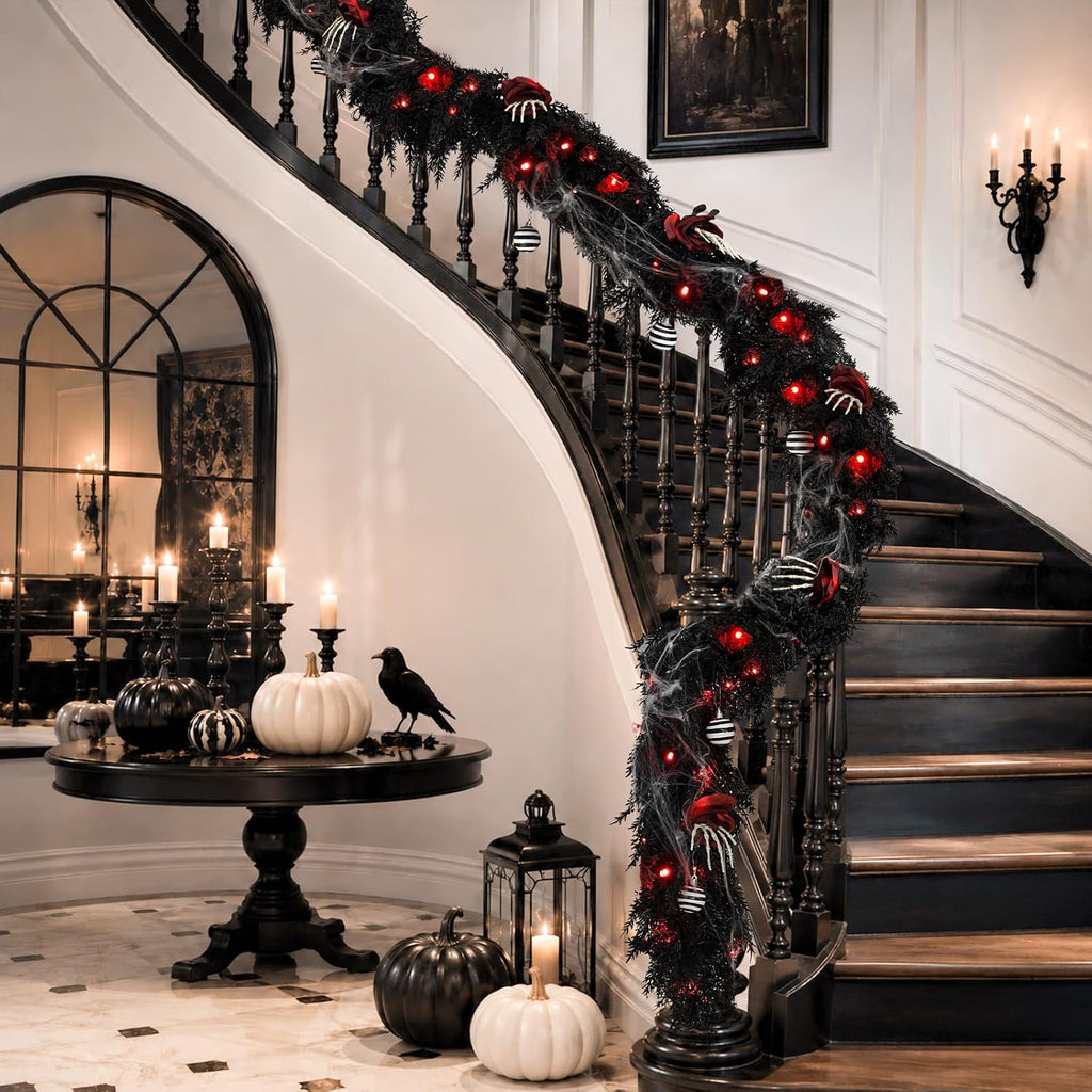 9FT Black Garland with Lights and Ornaments Prelit Halloween Decoration