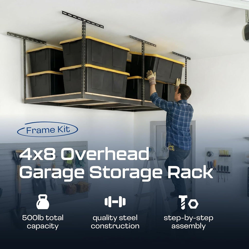 monsterrax 4x8 overhead storage rack frame kit, hammertone shown in use