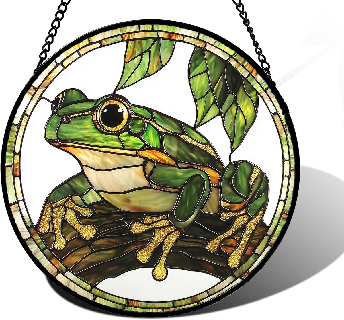 DASTOLL Stained Glass Window Hanging, Frog Green Leaf Sun Catchers Colorful