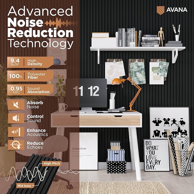 Avana Modern Acoustic Wood Wall Panels – 94.4 x 12.6 Inch Black Oak Acoustic