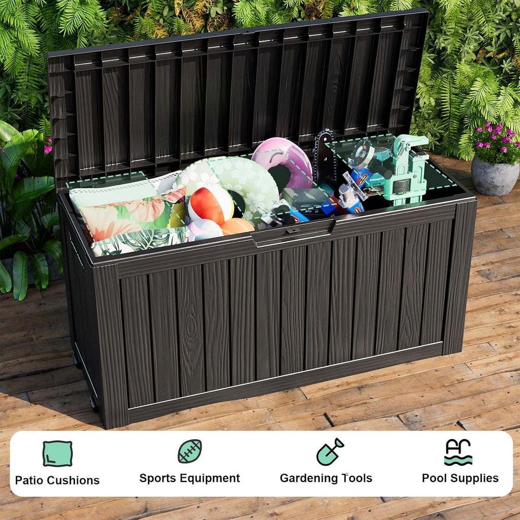 150 gallon large outdoor storage box with wheels, side view