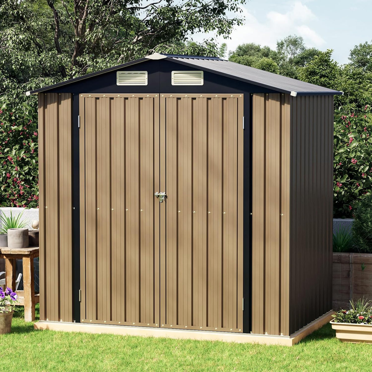 6 ft metal storage shed for backyard, brown, side view