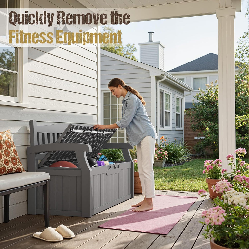80-gallon outdoor storage bench, waterproof deck box with on a desk or shelf