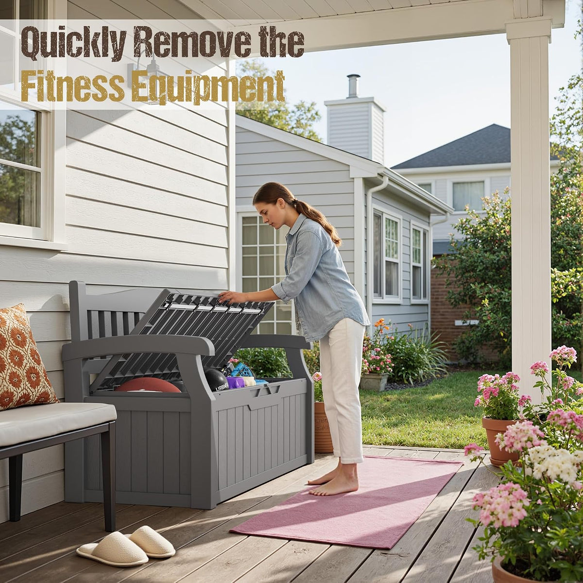 80-gallon outdoor storage bench, waterproof deck box with on a desk or shelf