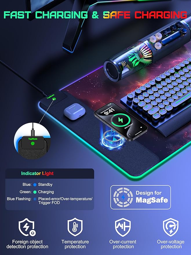TopMade Wireless Charging Mouse Pad, RGB Gaming Mousepad Home Office Desk Pad