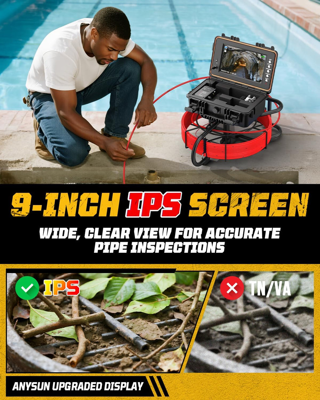 anysun 9'' sewer camera self leveling, 7mm fiberglass showing dimensions