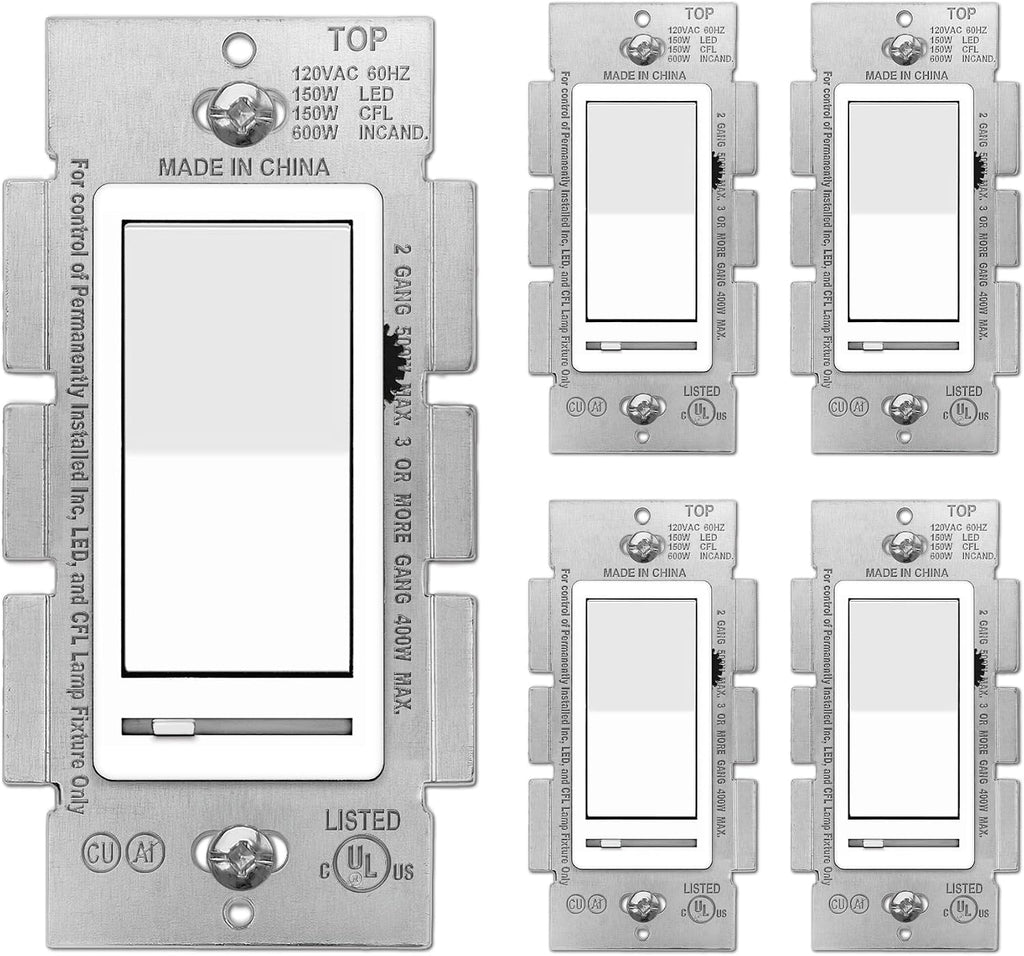 BESTTEN 5 Pack Dimmer Light Switch, Single Pole or 3-Way, Compatible