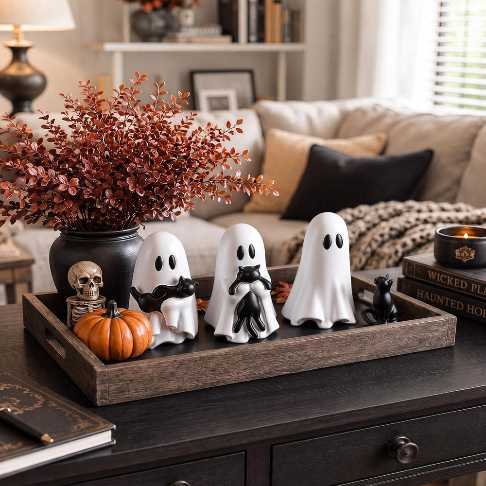 RattanView 4 Pcs Large Halloween Ghost Cat Table Decor, 6" Cute Figurines