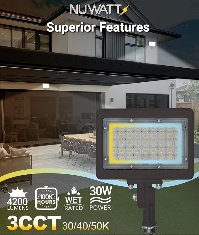 NUWATT 30W LED Flood Light, 3CCT 3000K/4000K/5000K Selectable, IP65 Waterproof