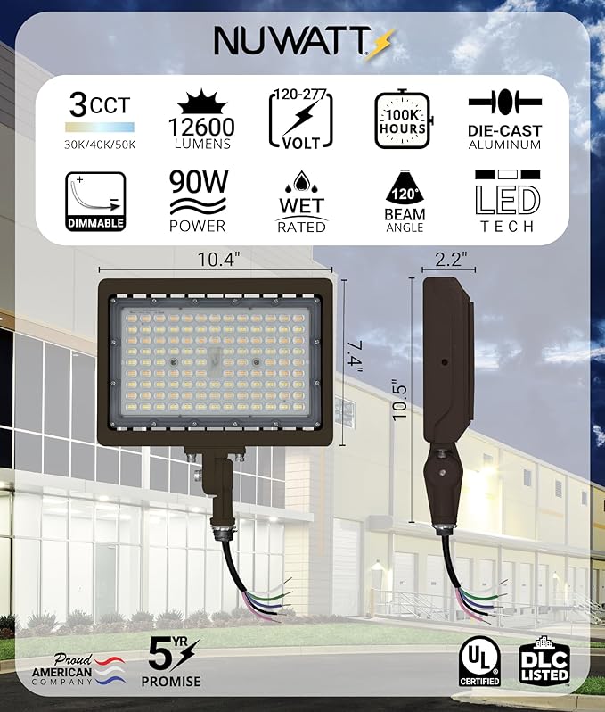 NUWATT 90W LED Flood Light, 3CCT 3000K/4000K/5000K Selectable, IP65 Waterproof